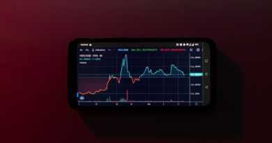 a cell phone displaying a stock chart on a red background