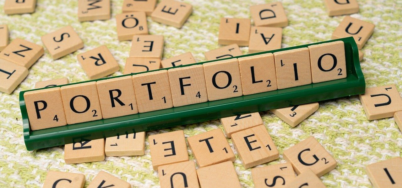 portfolio, wooden tiles, word