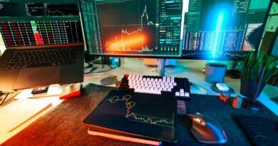 A trader's desk is lit up with charts.
