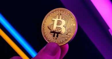 a hand holding a bit coin in front of a neon background