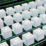 a large array of white cubes with numbers and symbols on them