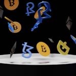 a bunch of bitcoins falling into the air