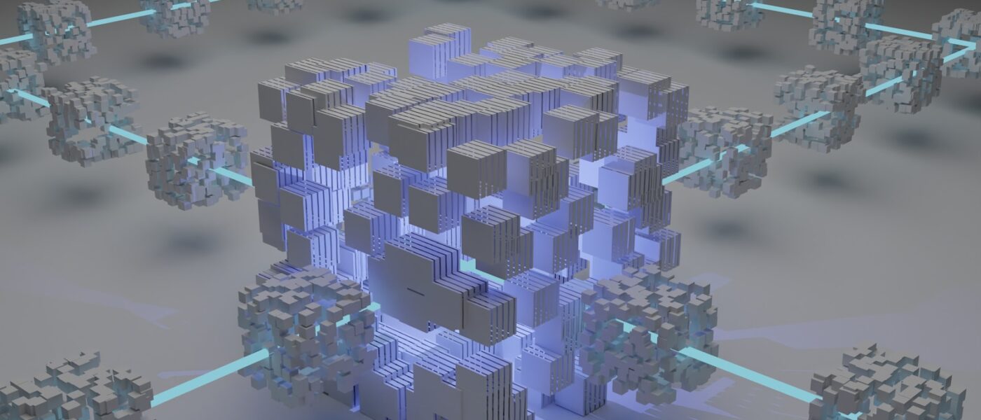 a computer generated image of a cube surrounded by smaller cubes